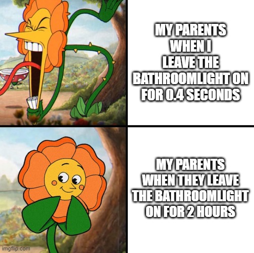 Bathroomlight | MY PARENTS WHEN I LEAVE THE BATHROOMLIGHT ON FOR 0.4 SECONDS; MY PARENTS WHEN THEY LEAVE THE BATHROOMLIGHT ON FOR 2 HOURS | image tagged in angry flower | made w/ Imgflip meme maker