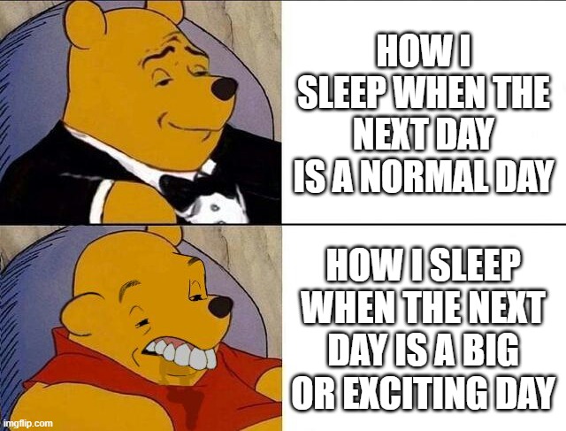 i just couldnt sleep from excitedness. ._. | HOW I SLEEP WHEN THE NEXT DAY IS A NORMAL DAY; HOW I SLEEP WHEN THE NEXT DAY IS A BIG OR EXCITING DAY | image tagged in tuxedo winnie the pooh grossed reverse | made w/ Imgflip meme maker