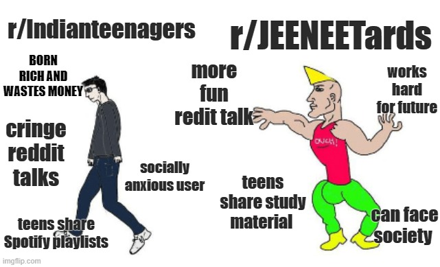 Virgin vs Chad | r/Indianteenagers; r/JEENEETards; BORN RICH AND WASTES MONEY; works hard for future; more fun redit talk; cringe reddit talks; socially anxious user; teens share study material; can face society; teens share Spotify playlists | image tagged in virgin vs chad | made w/ Imgflip meme maker