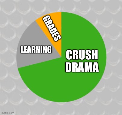 basically my school a year ago | CRUSH DRAMA GRADES LEARNING | image tagged in pie chart | made w/ Imgflip meme maker