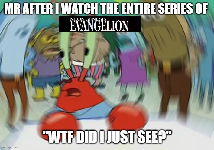 Neon Genesis Evangelion meme | MR AFTER I WATCH THE ENTIRE SERIES OF; "WTF DID I JUST SEE?" | image tagged in memes,mr krabs blur meme,neon genesis evangelion,evangelion,anime,funny | made w/ Imgflip meme maker