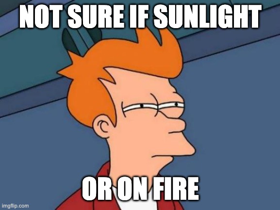 Futurama Fry Meme | NOT SURE IF SUNLIGHT; OR ON FIRE | image tagged in memes,futurama fry,AusMemes | made w/ Imgflip meme maker