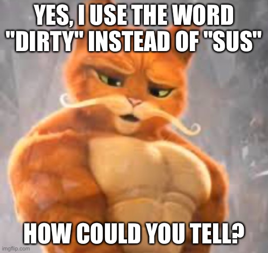 Stop using "sus" guys | YES, I USE THE WORD "DIRTY" INSTEAD OF "SUS"; HOW COULD YOU TELL? | image tagged in buff puss in boots,puss in boots | made w/ Imgflip meme maker
