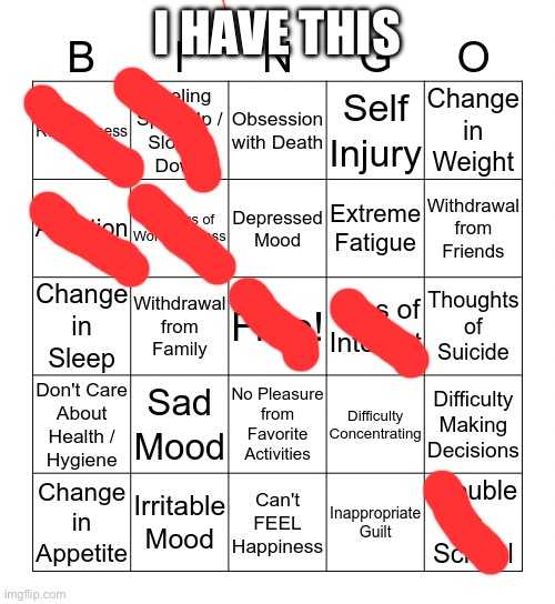 depression bingo 1 | I HAVE THIS | image tagged in depression bingo 1 | made w/ Imgflip meme maker