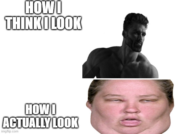 why am i like this | HOW I THINK I LOOK; HOW I ACTUALLY LOOK | image tagged in giga chad | made w/ Imgflip meme maker