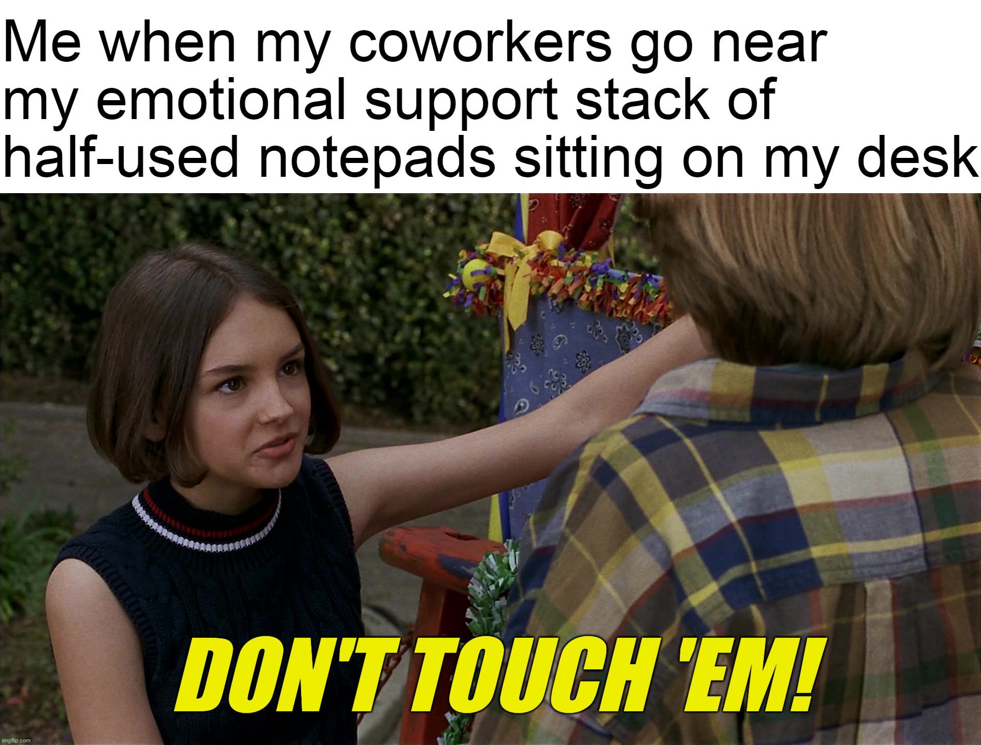 Me when my coworkers go near my emotional support stack of half-used notepads sitting on my desk; DON'T TOUCH 'EM! | image tagged in meme,memes,funny,humor,work | made w/ Imgflip meme maker