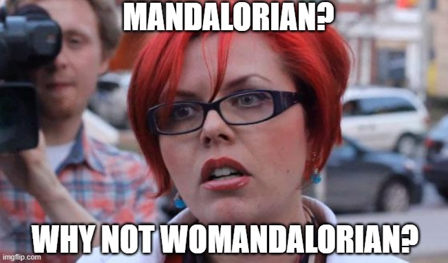 Angry Feminist | MANDALORIAN? WHY NOT WOMANDALORIAN? | image tagged in angry feminist | made w/ Imgflip meme maker