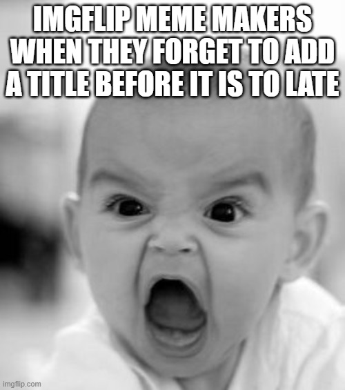 so relatable (especially for me :l) | IMGFLIP MEME MAKERS WHEN THEY FORGET TO ADD A TITLE BEFORE IT IS TO LATE | image tagged in memes,angry baby | made w/ Imgflip meme maker