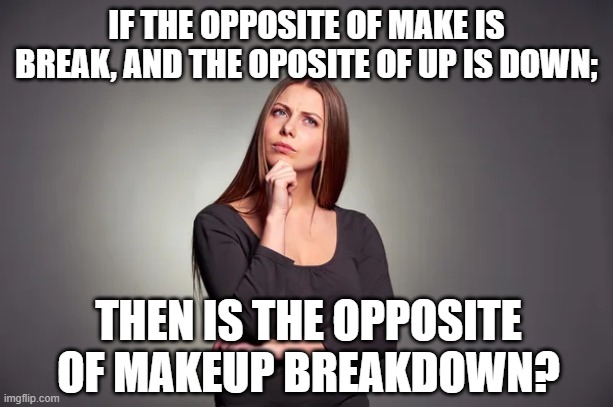 IF THE OPPOSITE OF MAKE IS BREAK, AND THE OPOSITE OF UP IS DOWN;; THEN IS THE OPPOSITE OF MAKEUP BREAKDOWN? | image tagged in word play | made w/ Imgflip meme maker