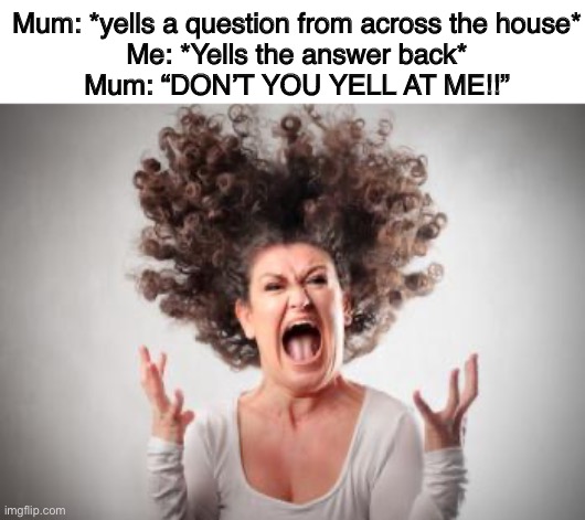Happens to me all the time | Mum: *yells a question from across the house*
Me: *Yells the answer back*
Mum: “DON’T YOU YELL AT ME!!” | image tagged in angry mom | made w/ Imgflip meme maker