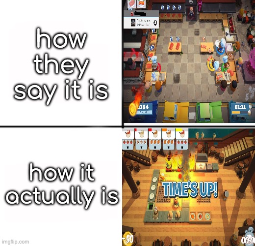 overcooked be like | how they say it is; how it actually is | image tagged in overcooked | made w/ Imgflip meme maker