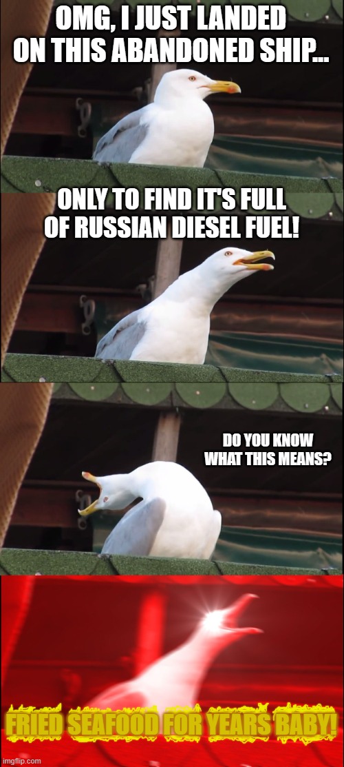 Seagulls love variety in their food. | OMG, I JUST LANDED ON THIS ABANDONED SHIP... ONLY TO FIND IT'S FULL OF RUSSIAN DIESEL FUEL! DO YOU KNOW WHAT THIS MEANS? FRIED SEAFOOD FOR YEARS BABY! | image tagged in memes,inhaling seagull,diesel,russia,abandoned ship | made w/ Imgflip meme maker