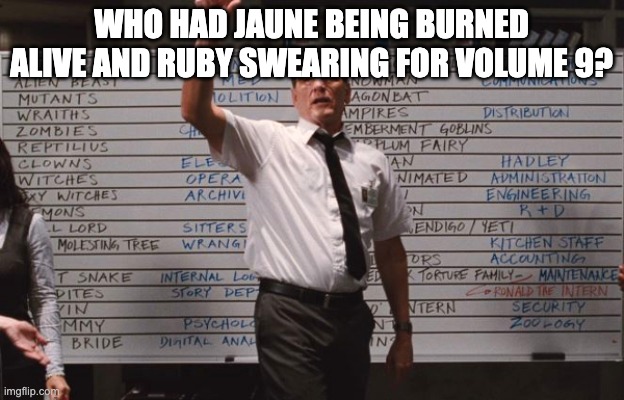 remember what happened to cinder at the end of volume 3 | WHO HAD JAUNE BEING BURNED ALIVE AND RUBY SWEARING FOR VOLUME 9? | image tagged in cabin the the woods,rwby | made w/ Imgflip meme maker