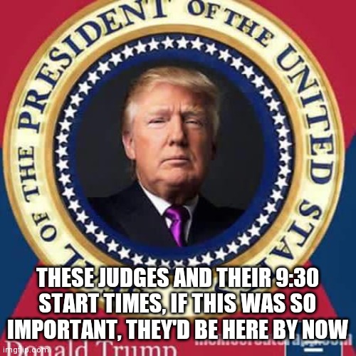 Would You Be Surprised, If President Trump is arrested today? | THESE JUDGES AND THEIR 9:30 START TIMES, IF THIS WAS SO IMPORTANT, THEY'D BE HERE BY NOW | image tagged in president trump seal,waiting,more witnesses,lol,long as possible,2024 | made w/ Imgflip meme maker