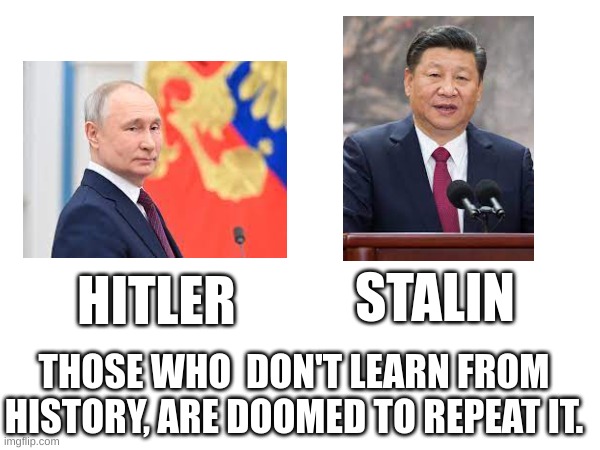Wake up world! | STALIN; HITLER; THOSE WHO  DON'T LEARN FROM HISTORY, ARE DOOMED TO REPEAT IT. | image tagged in ww3,putin,xi jinping,hitler,blank white template,memes | made w/ Imgflip meme maker