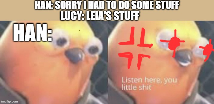 Lucy ships them too | HAN: SORRY I HAD TO DO SOME STUFF; LUCY: LEIA'S STUFF; HAN: | image tagged in listen here you little shit bird | made w/ Imgflip meme maker