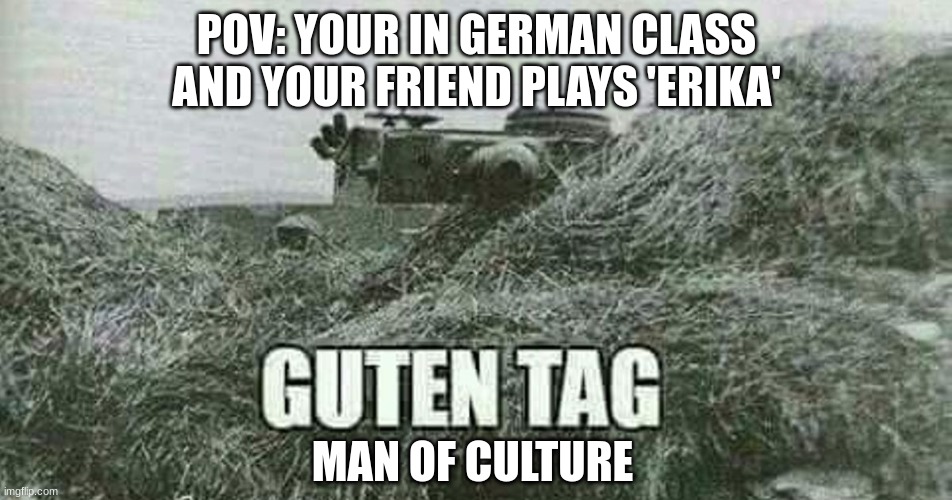 German guten tag tiger | POV: YOUR IN GERMAN CLASS AND YOUR FRIEND PLAYS 'ERIKA'; MAN OF CULTURE | image tagged in german guten tag tiger | made w/ Imgflip meme maker