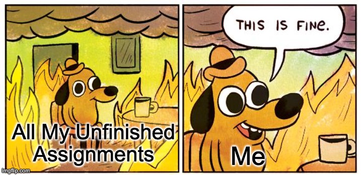 ƮŌṬÂḶḺƳ ƑĨṈḘ | All My Unfinished Assignments; Me | image tagged in memes,this is fine | made w/ Imgflip meme maker
