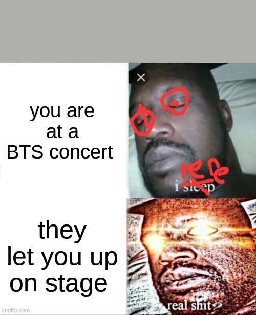 Sleeping Shaq | you are at a BTS concert; they let you up on stage | image tagged in memes,sleeping shaq | made w/ Imgflip meme maker