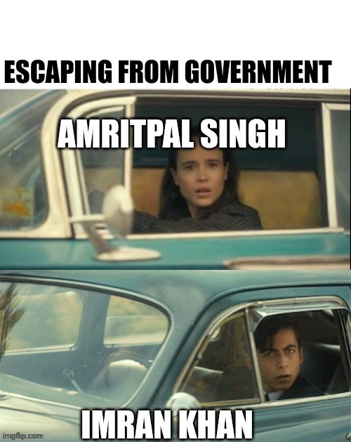 Divided by border United in escape | ESCAPING FROM GOVERNMENT; AMRITPAL SINGH; IMRAN KHAN | image tagged in vanya and five | made w/ Imgflip meme maker