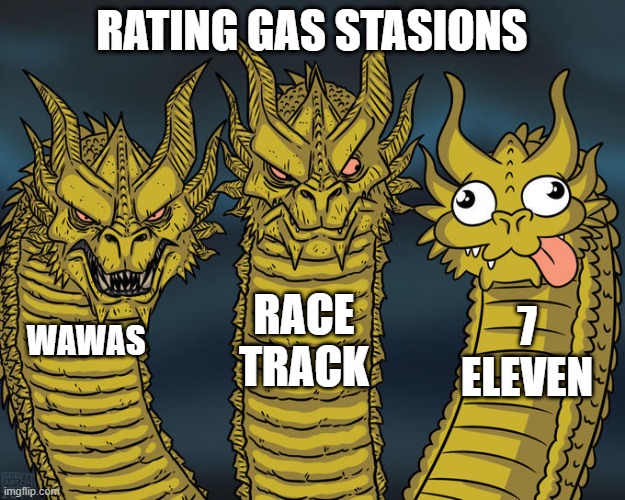 Three-headed Dragon | RATING GAS STASIONS; RACE TRACK; 7 ELEVEN; WAWAS | image tagged in three-headed dragon | made w/ Imgflip meme maker