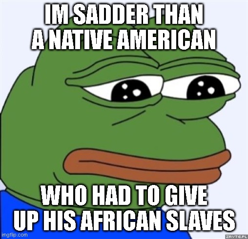 feels bad man | IM SADDER THAN A NATIVE AMERICAN; WHO HAD TO GIVE UP HIS AFRICAN SLAVES | image tagged in sad frog | made w/ Imgflip meme maker