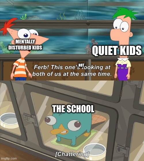 phineas and ferb | MENTALLY DISTURBED KIDS; QUIET KIDS; NOT; THE SCHOOL | image tagged in phineas and ferb | made w/ Imgflip meme maker