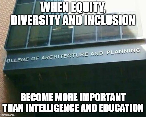 Fail | WHEN EQUITY, DIVERSITY AND INCLUSION; BECOME MORE IMPORTANT THAN INTELLIGENCE AND EDUCATION | image tagged in fail | made w/ Imgflip meme maker