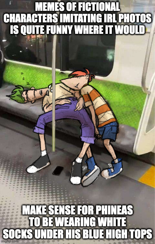 Phineas and Ferb on a Train | MEMES OF FICTIONAL CHARACTERS IMITATING IRL PHOTOS IS QUITE FUNNY WHERE IT WOULD; MAKE SENSE FOR PHINEAS TO BE WEARING WHITE SOCKS UNDER HIS BLUE HIGH TOPS | image tagged in phineas and ferb,phineas flynn,ferb fletcher,memes | made w/ Imgflip meme maker