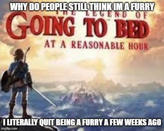 :/ | WHY DO PEOPLE STILL THINK IM A FURRY; I LITERALLY QUIT BEING A FURRY A FEW WEEKS AGO | image tagged in the legend of going to bed at a reasonable hour | made w/ Imgflip meme maker