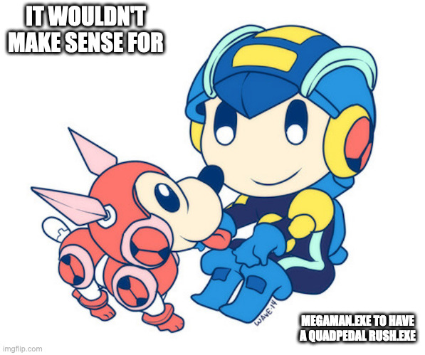 MegaMan.EXE With Quadpedal Rush.EXE | IT WOULDN'T MAKE SENSE FOR; MEGAMAN.EXE TO HAVE A QUADPEDAL RUSH.EXE | image tagged in megaman,megaman battle network,rush,megamanexe | made w/ Imgflip meme maker