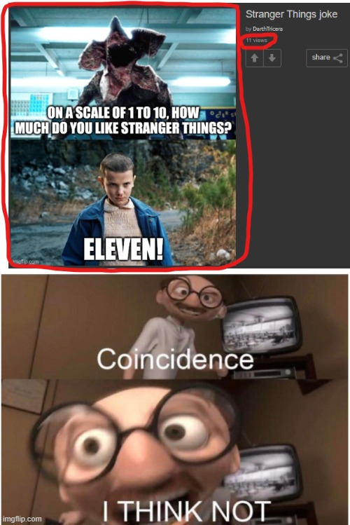 11 views | image tagged in coincidence i think not,11,eleven,stranger things,eleven stranger things | made w/ Imgflip meme maker