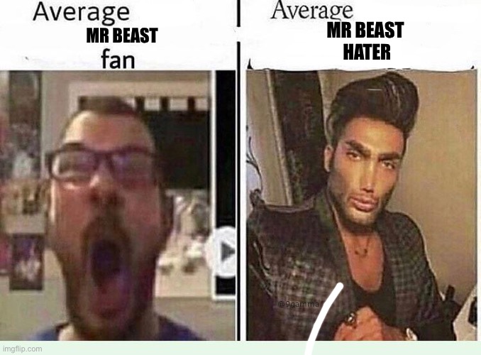 Mr Beast sucks | MR BEAST 
HATER; MR BEAST | image tagged in average blank fan vs average blank enjoyer,dank memes,mr beast,funny memes | made w/ Imgflip meme maker