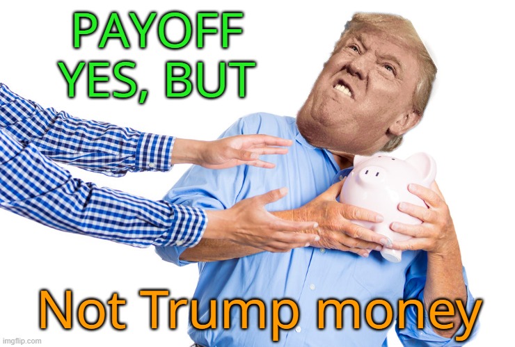 Elder Man Protecting Piggy Bank | PAYOFF YES, BUT Not Trump money | image tagged in elder man protecting piggy bank | made w/ Imgflip meme maker