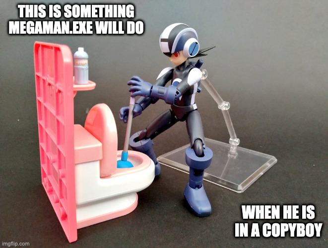 Dark MegaMan.EXE Cleaning the Toliet | THIS IS SOMETHING MEGAMAN.EXE WILL DO; WHEN HE IS IN A COPYBOY | image tagged in megamanexe,megaman,megaman battle network,memes | made w/ Imgflip meme maker