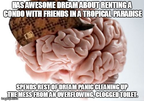 Scumbag Brain | HAS AWESOME DREAM ABOUT RENTING A CONDO WITH FRIENDS IN A TROPICAL PARADISE SPENDS REST OF DREAM PANIC CLEANING UP THE MESS FROM AN OVERFLOW | image tagged in memes,scumbag brain | made w/ Imgflip meme maker