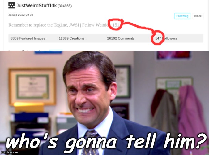 probably deleted alts. | who's gonna tell him? | image tagged in micheal scott yikes | made w/ Imgflip meme maker