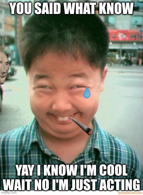 funny asian face | YOU SAID WHAT KNOW; YAY I KNOW I'M COOL WAIT NO I'M JUST ACTING | image tagged in funny asian face | made w/ Imgflip meme maker