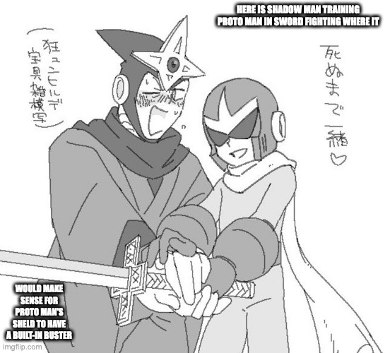Shadow Man Training Proto Man | HERE IS SHADOW MAN TRAINING PROTO MAN IN SWORD FIGHTING WHERE IT; WOULD MAKE SENSE FOR PROTO MAN'S SHELD TO HAVE A BUILT-IN BUSTER | image tagged in protoman,shadowman,megaman,memes | made w/ Imgflip meme maker