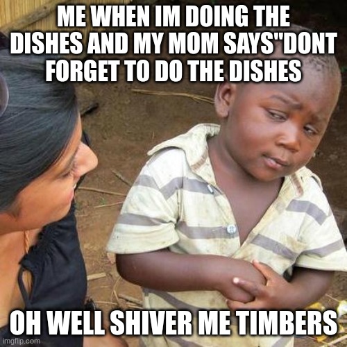 oh well shiver me timbers | ME WHEN IM DOING THE DISHES AND MY MOM SAYS"DONT FORGET TO DO THE DISHES; OH WELL SHIVER ME TIMBERS | image tagged in memes,third world skeptical kid,funny,fyp,laugh,haha | made w/ Imgflip meme maker