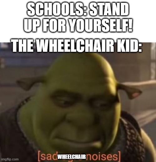 RIP | SCHOOLS: STAND UP FOR YOURSELF! THE WHEELCHAIR KID:; WHEELCHAIR | image tagged in sad ogre noises,happiness noise,memes,funny,relatable memes,wheelchair | made w/ Imgflip meme maker