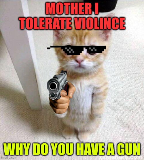 Cute Cat | MOTHER I TOLERATE VIOLINCE; WHY DO YOU HAVE A GUN | image tagged in memes,cute cat | made w/ Imgflip meme maker