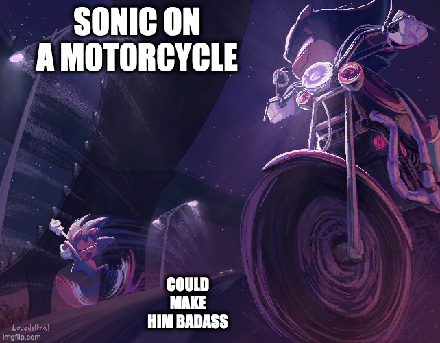 Sonic With Motorcycle | SONIC ON A MOTORCYCLE; COULD MAKE HIM BADASS | image tagged in motorcycle,sonic the hedgehog,memes | made w/ Imgflip meme maker