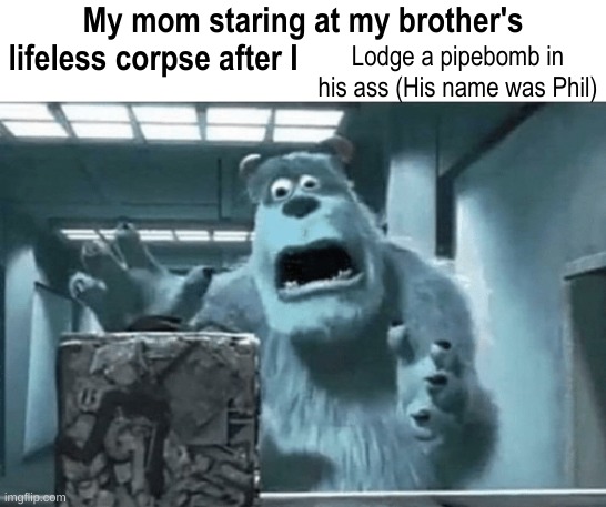 My mom staring at my brother's lifeless corpse after I blank | Lodge a pipebomb in his ass (His name was Phil) | image tagged in my mom staring at my brother's lifeless corpse after i blank | made w/ Imgflip meme maker