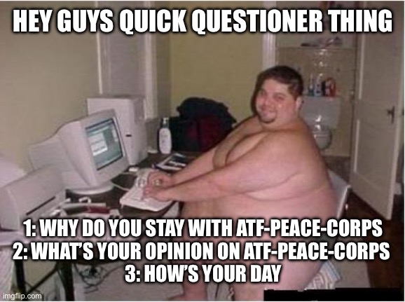 (Owner note: Question 1 is obvious, I'd think.) | HEY GUYS QUICK QUESTIONER THING; 1: WHY DO YOU STAY WITH ATF-PEACE-CORPS
2: WHAT’S YOUR OPINION ON ATF-PEACE-CORPS 
3: HOW’S YOUR DAY | image tagged in really fat guy on computer | made w/ Imgflip meme maker