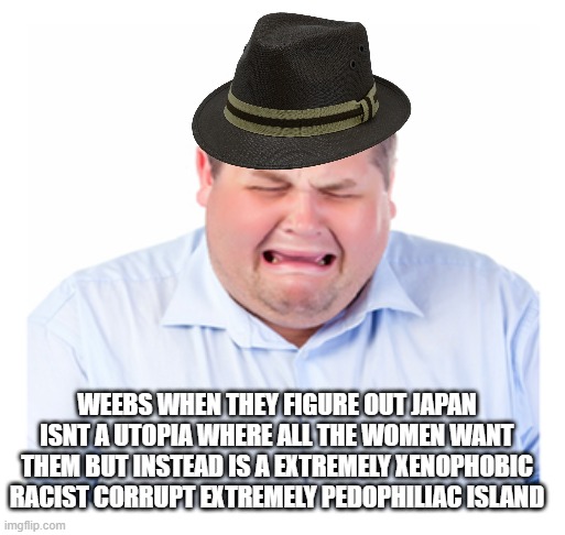 Zad | WEEBS WHEN THEY FIGURE OUT JAPAN ISNT A UTOPIA WHERE ALL THE WOMEN WANT THEM BUT INSTEAD IS A EXTREMELY XENOPHOBIC RACIST CORRUPT EXTREMELY PEDOPHILIAC ISLAND | image tagged in fat guy crying,funny,memes | made w/ Imgflip meme maker