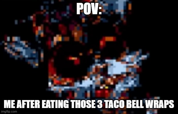 a | POV:; ME AFTER EATING THOSE 3 TACO BELL WRAPS | image tagged in sonic,goofy,taco bell | made w/ Imgflip meme maker