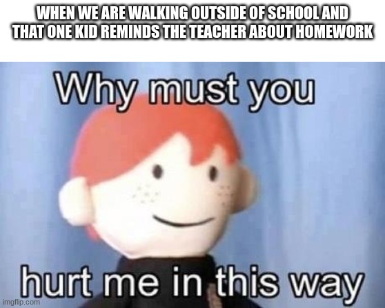I think we can all agree that we hate these kids | WHEN WE ARE WALKING OUTSIDE OF SCHOOL AND THAT ONE KID REMINDS THE TEACHER ABOUT HOMEWORK | image tagged in why must you hurt me this way | made w/ Imgflip meme maker