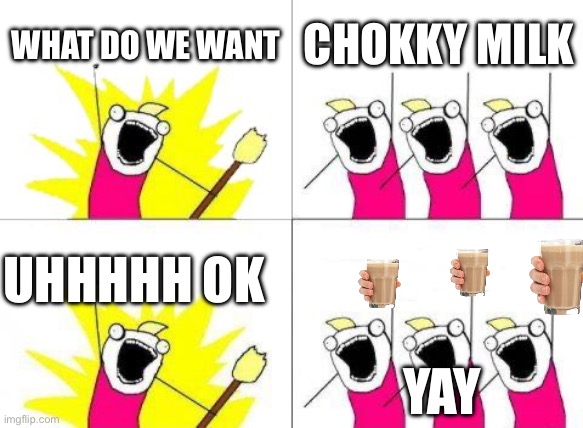 Chokky milk | WHAT DO WE WANT; CHOKKY MILK; UHHHHH OK; YAY | image tagged in memes,what do we want | made w/ Imgflip meme maker