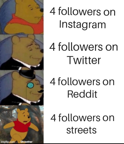 4 followers | image tagged in followers,follow,funny,memes,winnie the pooh,tuxedo winnie the pooh | made w/ Imgflip meme maker
